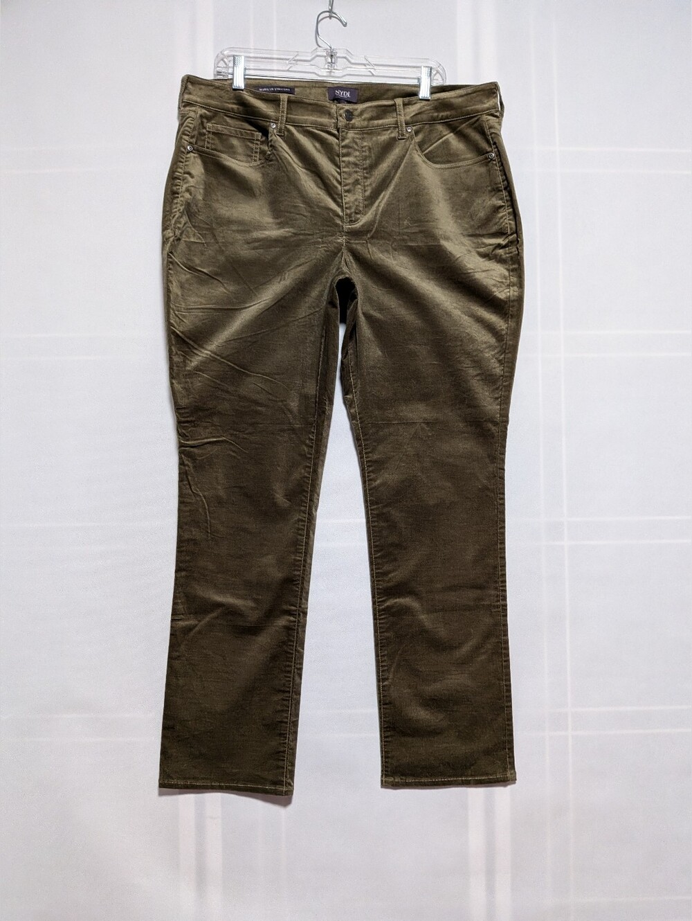 NYDJ olive green velvet or corduroy five-pocket pants with a classic straight